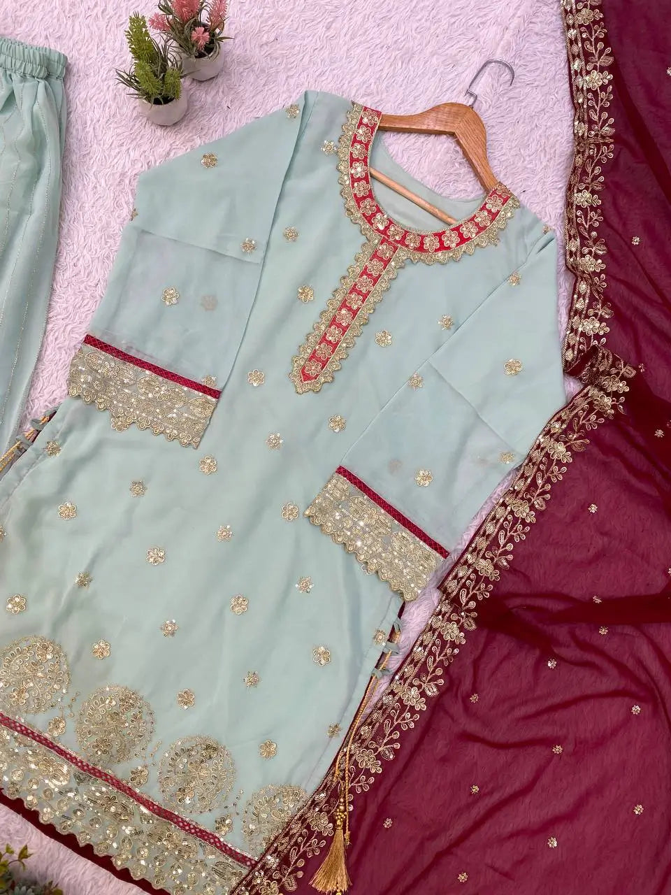Teal Georgette Kurta Pant Set with Dupatta