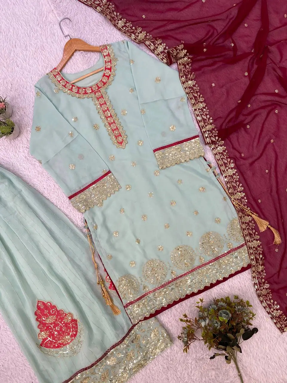 Teal Georgette Kurta Pant Set with Dupatta