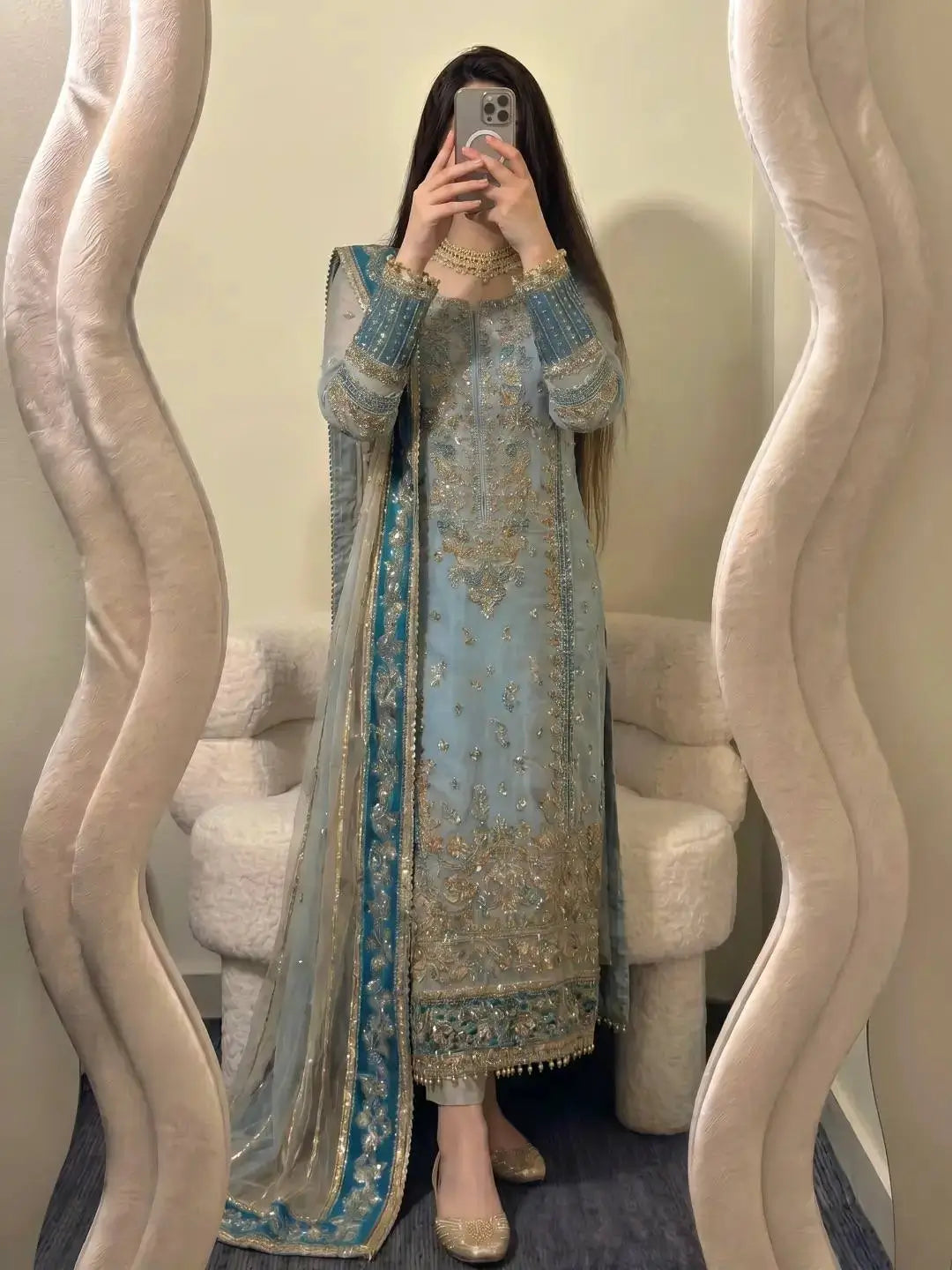 Teal Georgette Kurta Pant Set with Dupatta