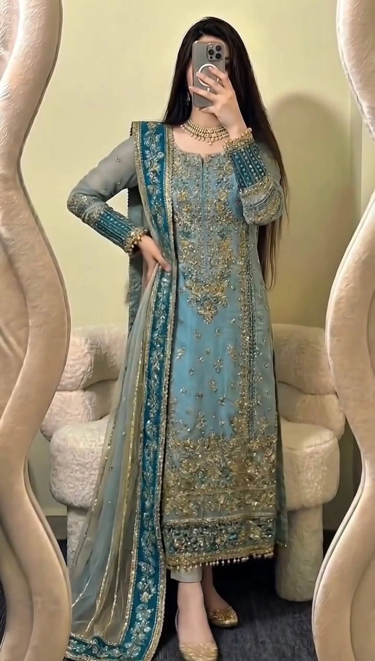 Teal Georgette Kurta Pant Set with Dupatta