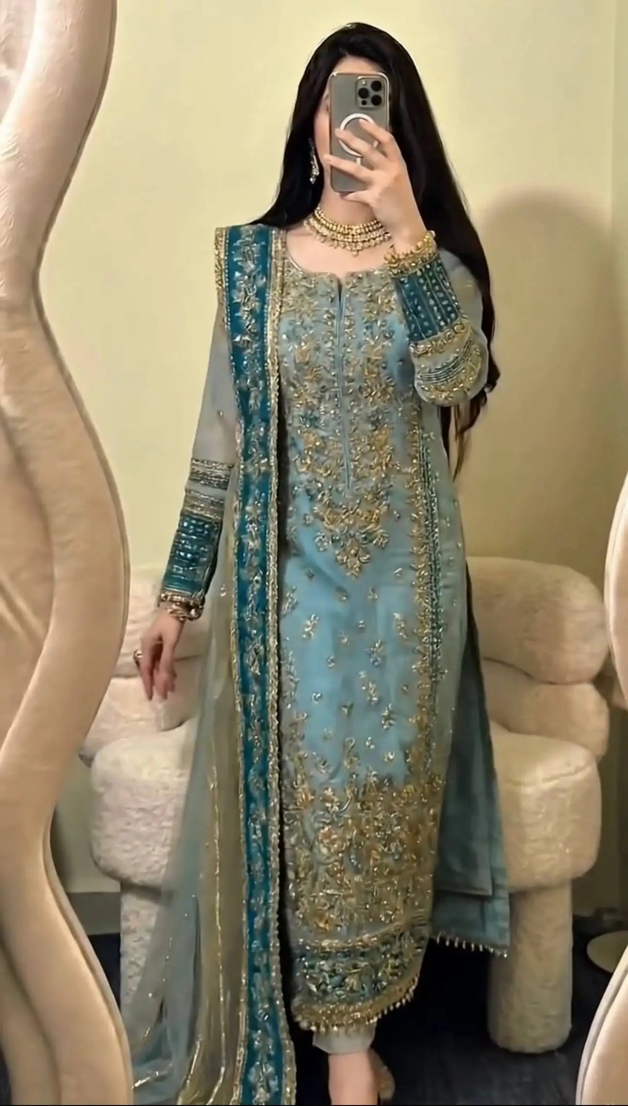 Teal Georgette Kurta Pant Set with Dupatta