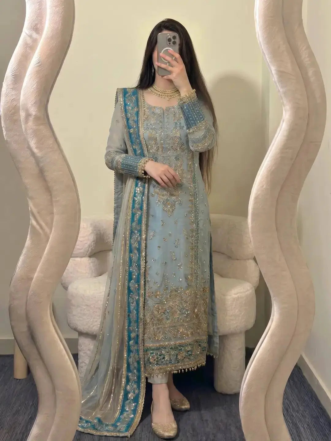 Teal Georgette Kurta Pant Set with Dupatta