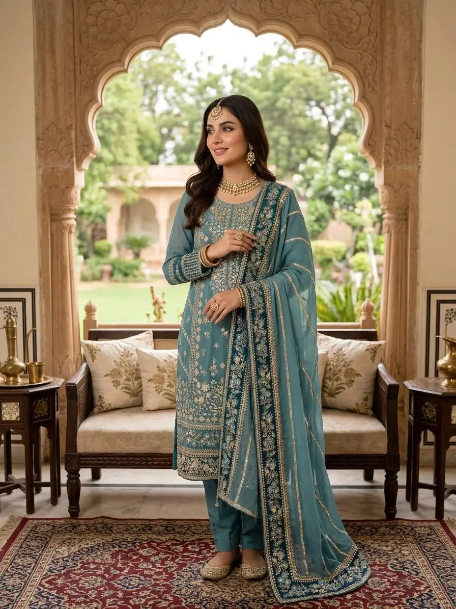Teal Georgette Kurta Pant Set with Dupatta