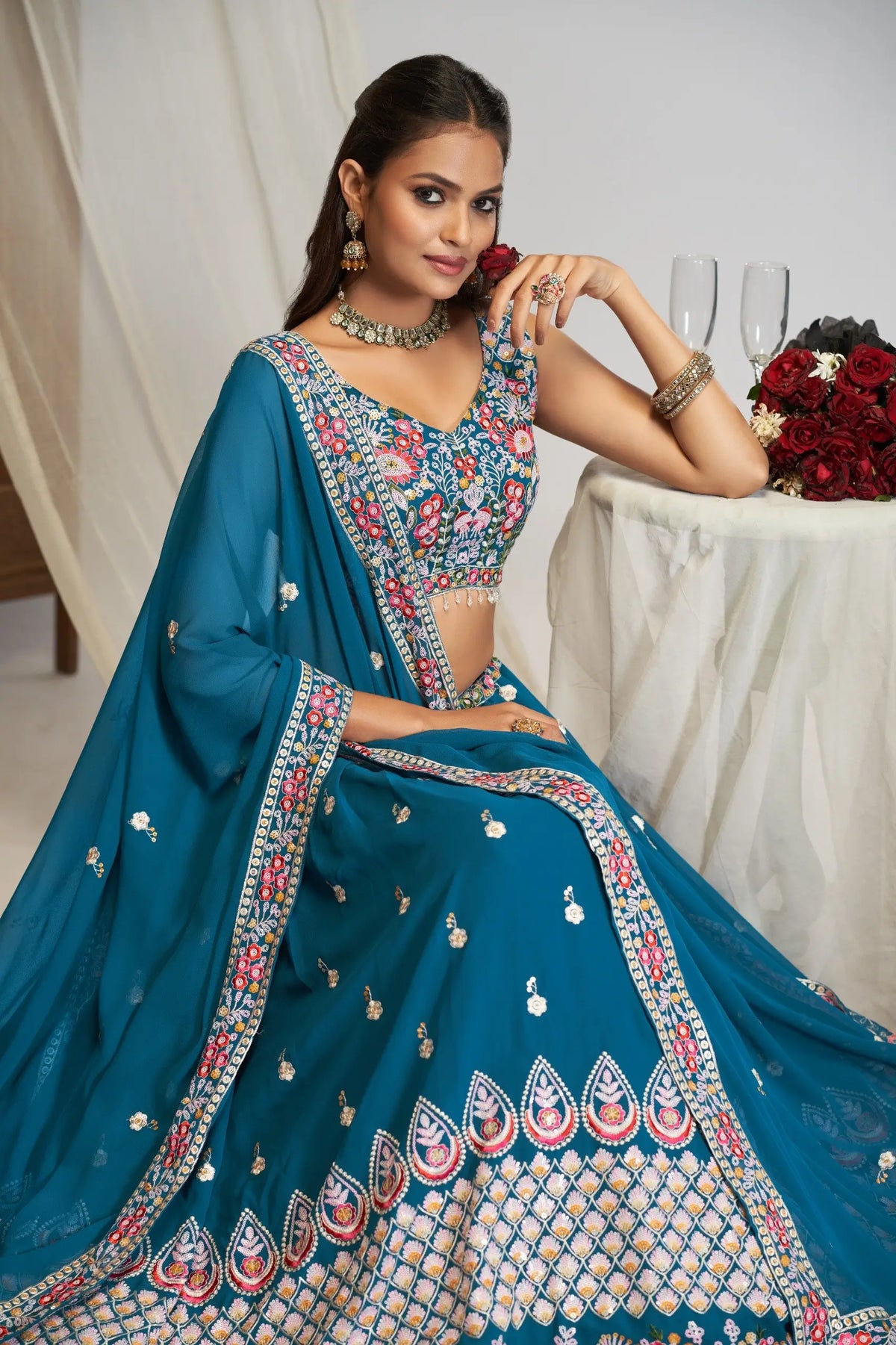 Teal Georgette Lehenga With Mughal Embroidery