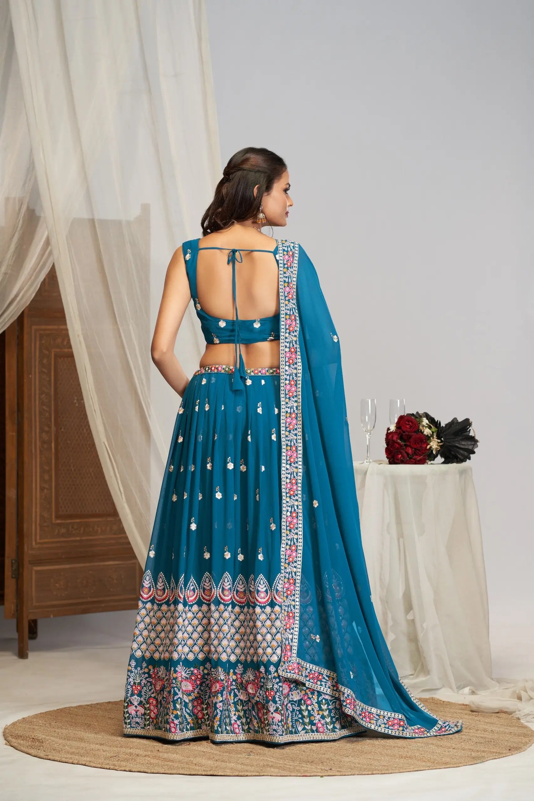 Teal Georgette Lehenga With Mughal Embroidery