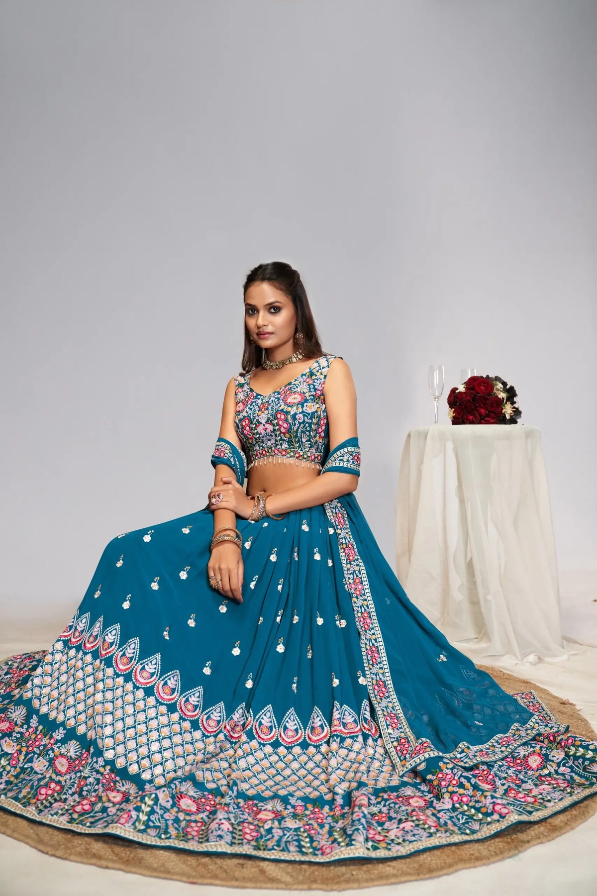 Teal Georgette Lehenga With Mughal Embroidery