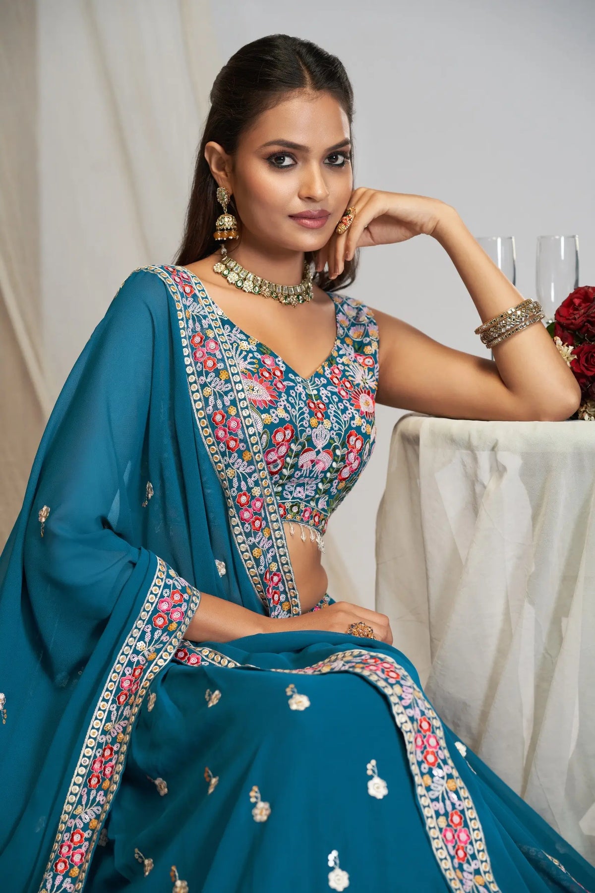 Teal Georgette Lehenga With Mughal Embroidery