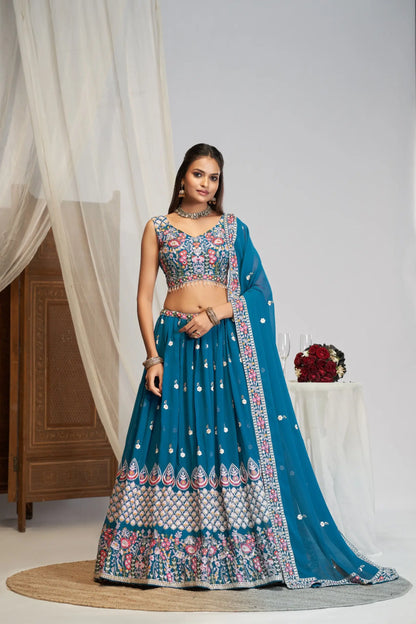 Teal Georgette Lehenga With Mughal Embroidery