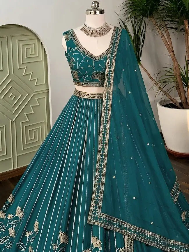 Teal Georgette Lehenga with Zari Sequin Work