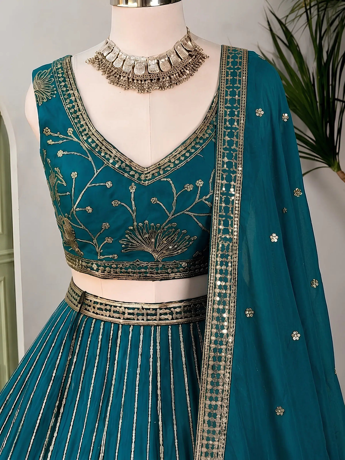 Teal Georgette Lehenga with Zari Sequin Work