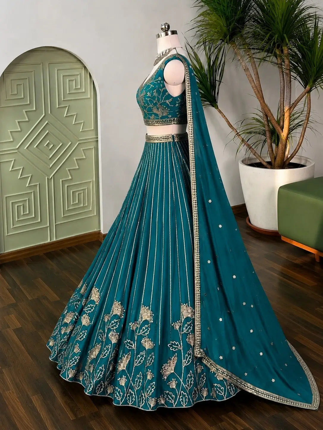 Teal Georgette Lehenga with Zari Sequin Work