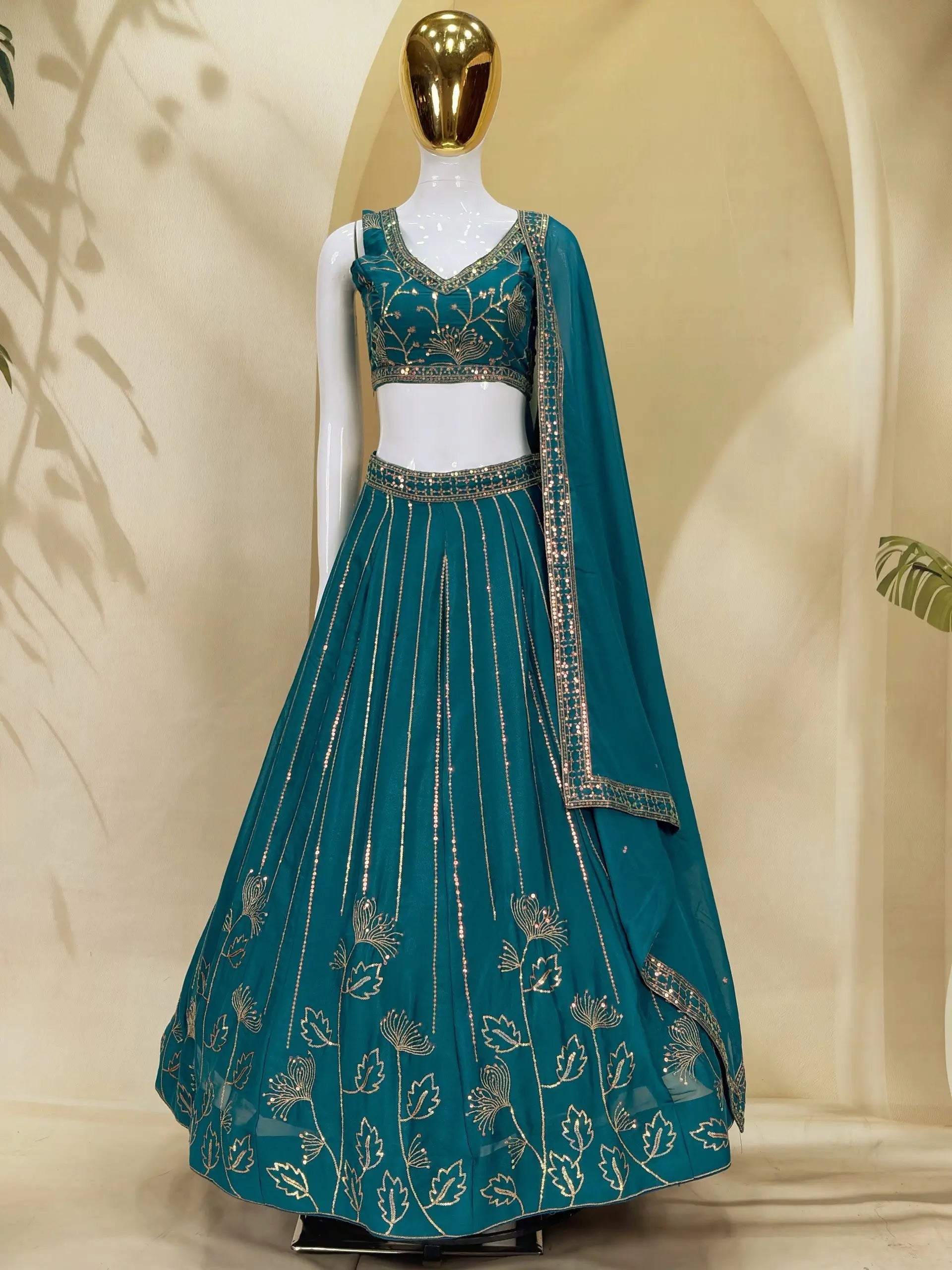 Teal Georgette Lehenga with Zari Sequin Work