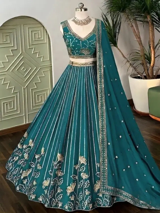 Teal Georgette Lehenga with Zari Sequin Work