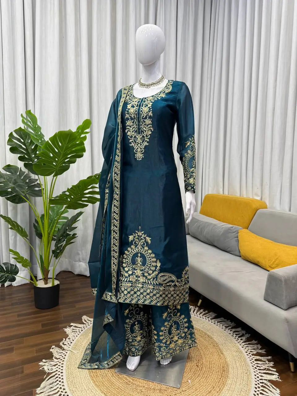 Teal JMC Silk Embroidered Palazzo Suit Set for Festive and Wedding Wear