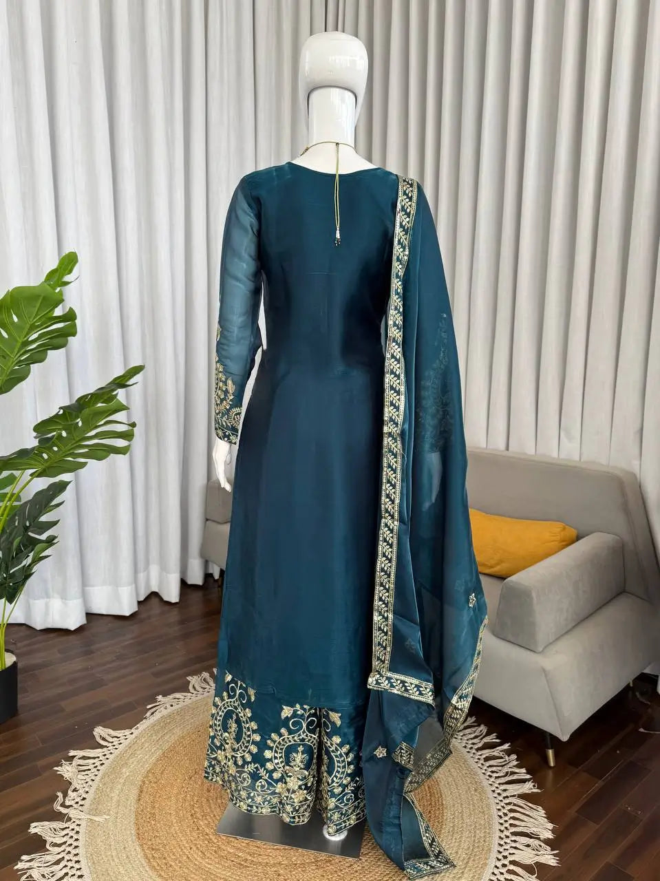 Teal JMC Silk Embroidered Palazzo Suit Set for Festive and Wedding Wear