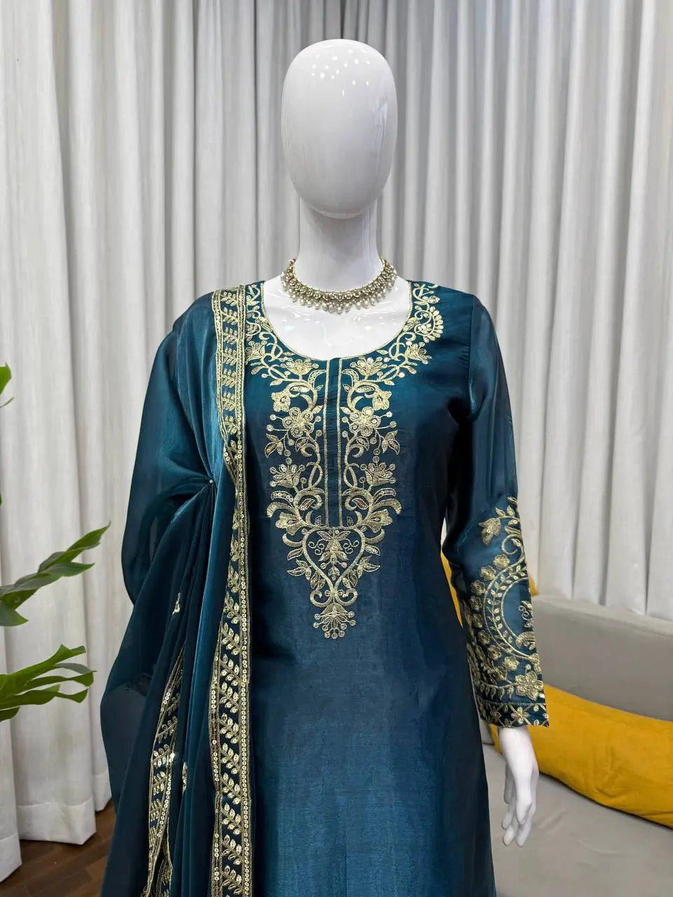 Teal JMC Silk Embroidered Palazzo Suit Set for Festive and Wedding Wear