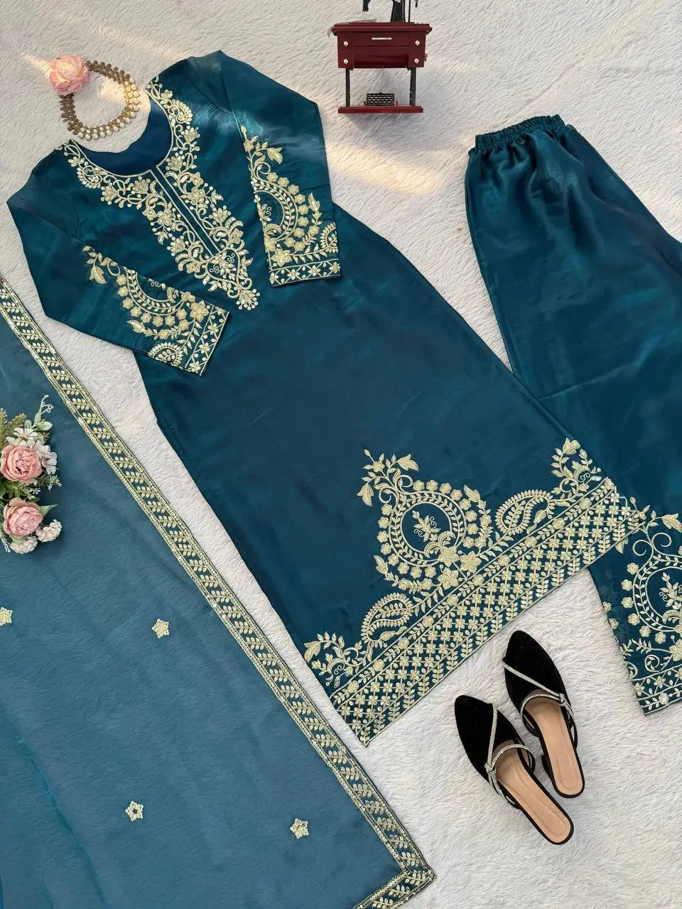Teal JMC Silk Embroidered Palazzo Suit Set for Festive and Wedding Wear