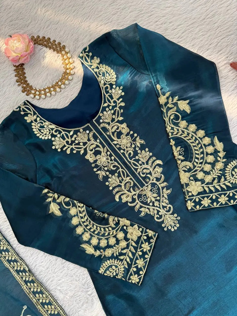 Teal JMC Silk Embroidered Palazzo Suit Set for Festive and Wedding Wear