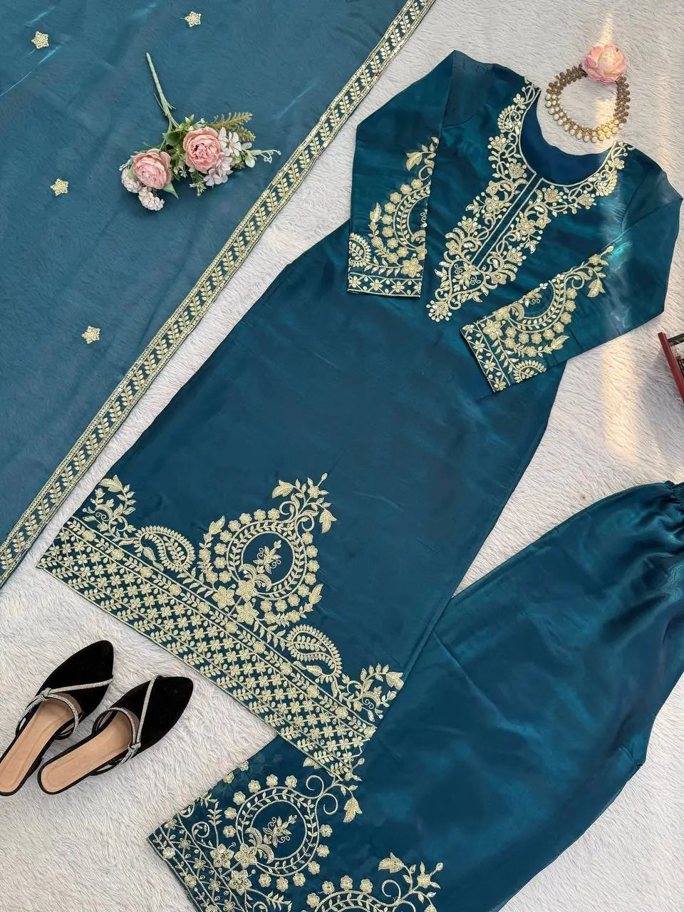 Teal JMC Silk Embroidered Palazzo Suit Set for Festive and Wedding Wear