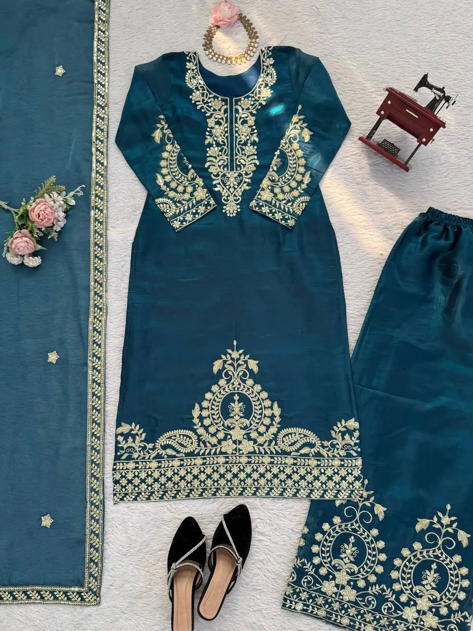 Teal JMC Silk Embroidered Palazzo Suit Set for Festive and Wedding Wear