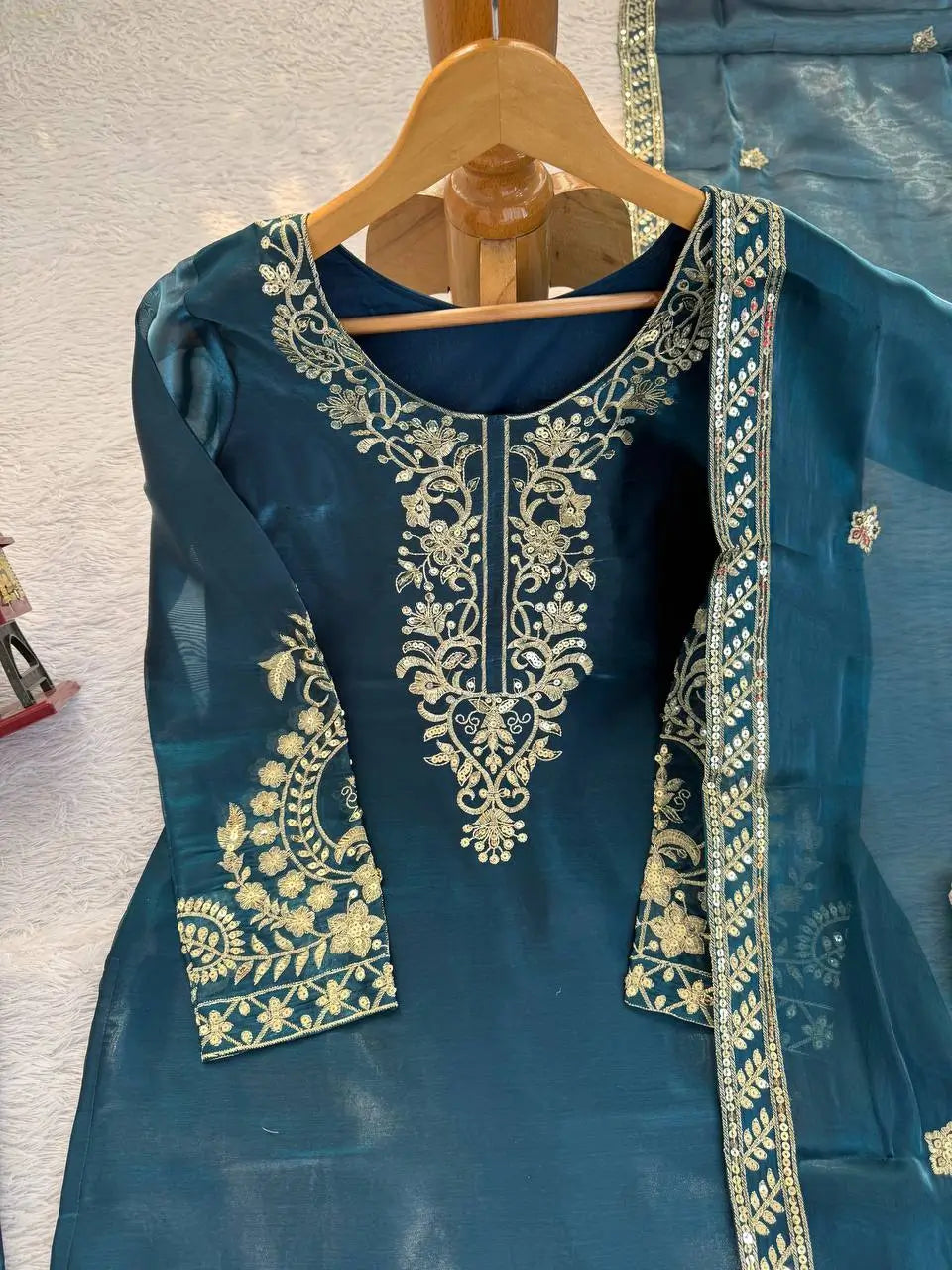 Teal JMC Silk Embroidered Palazzo Suit Set for Festive and Wedding Wear