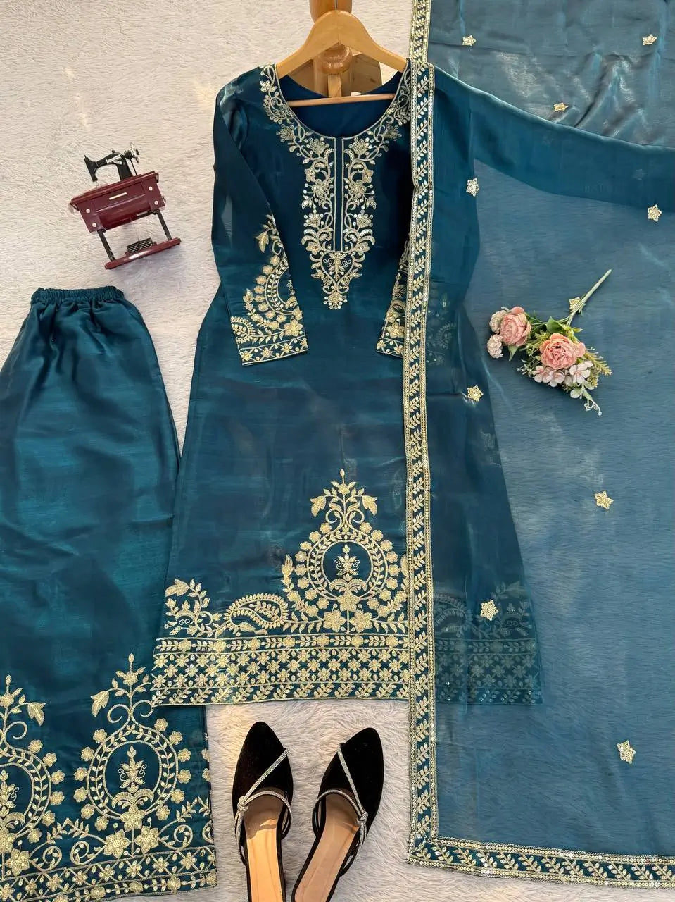 Teal JMC Silk Embroidered Palazzo Suit Set for Festive and Wedding Wear