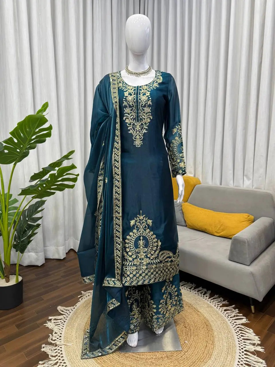 Teal JMC Silk Embroidered Palazzo Suit Set for Festive and Wedding Wear