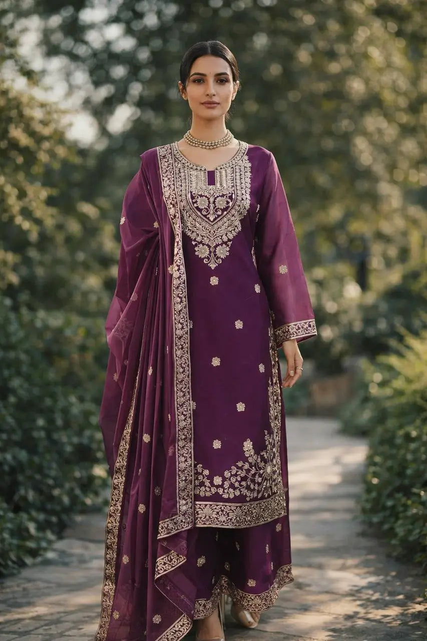 Teal JMC Silk Embroidered Palazzo Suit Set for Festive and Wedding Wear
