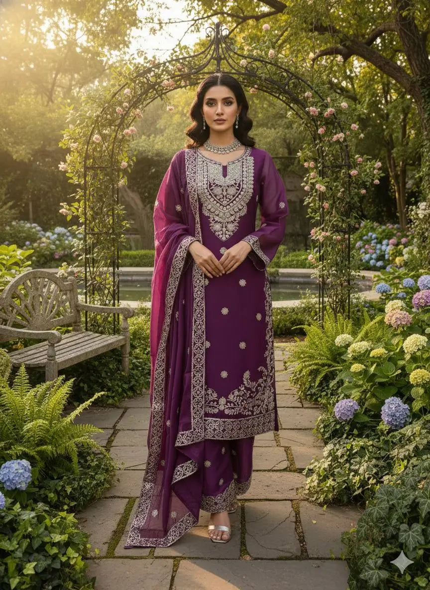 Teal JMC Silk Embroidered Palazzo Suit Set for Festive and Wedding Wear