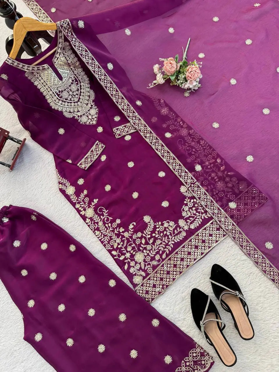 Teal JMC Silk Embroidered Palazzo Suit Set for Festive and Wedding Wear