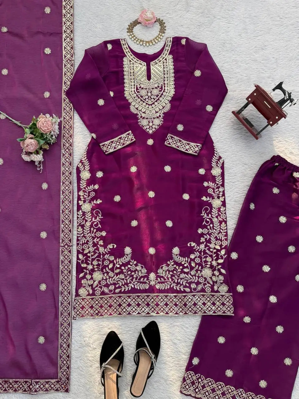 Teal JMC Silk Embroidered Palazzo Suit Set for Festive and Wedding Wear