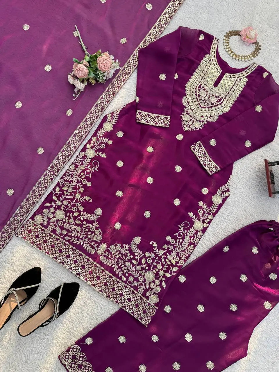 Teal JMC Silk Embroidered Palazzo Suit Set for Festive and Wedding Wear