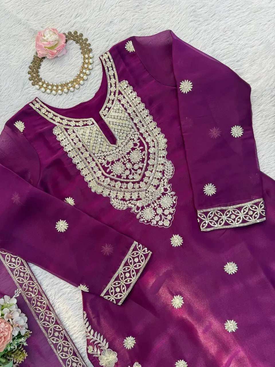 Teal JMC Silk Embroidered Palazzo Suit Set for Festive and Wedding Wear