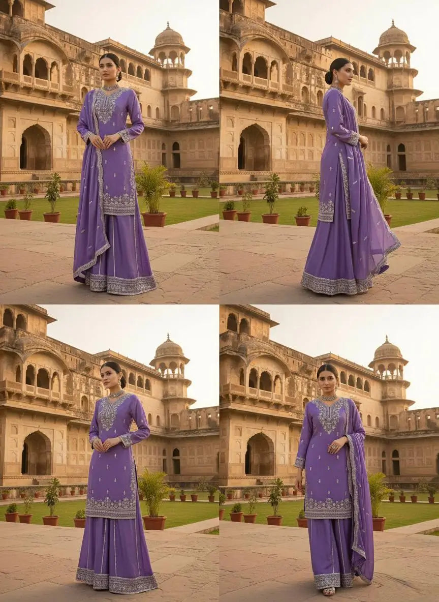 Teal JMC Silk Embroidered Palazzo Suit Set for Festive and Wedding Wear