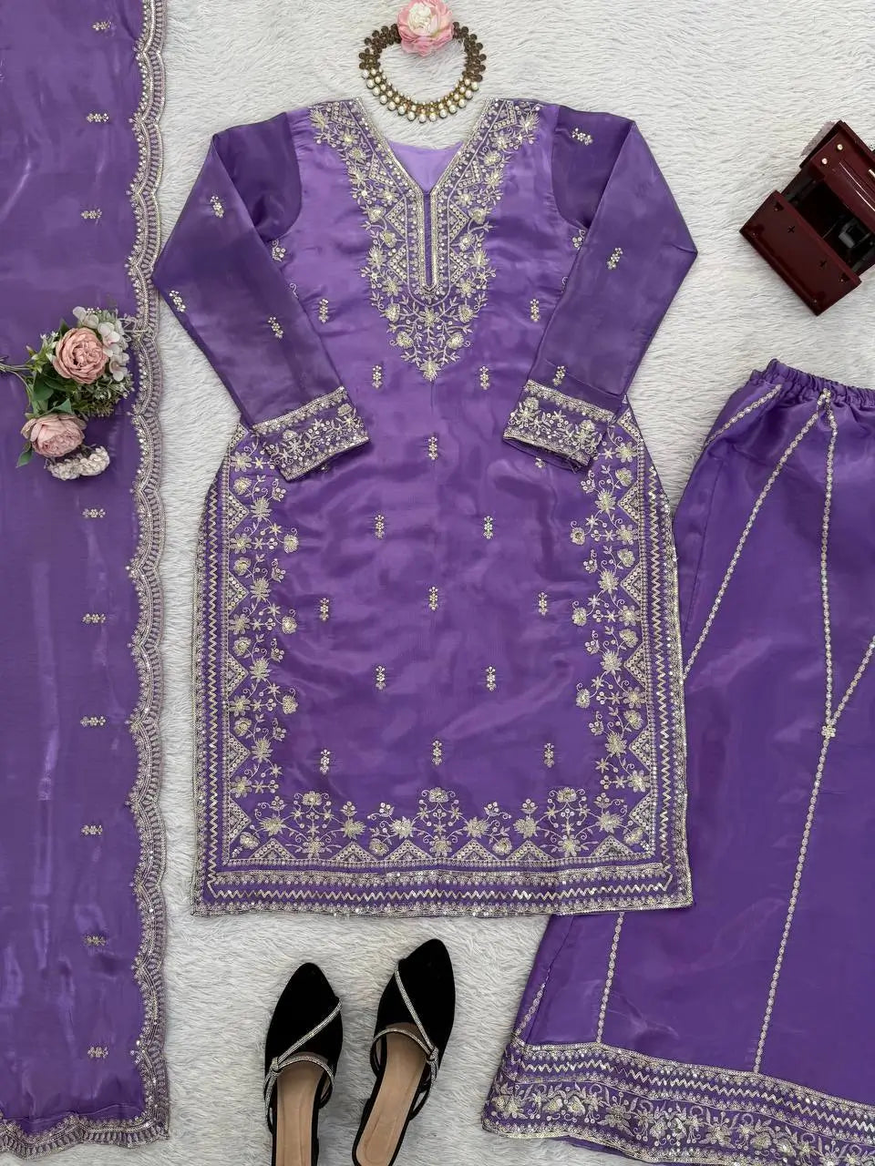 Teal JMC Silk Embroidered Palazzo Suit Set for Festive and Wedding Wear
