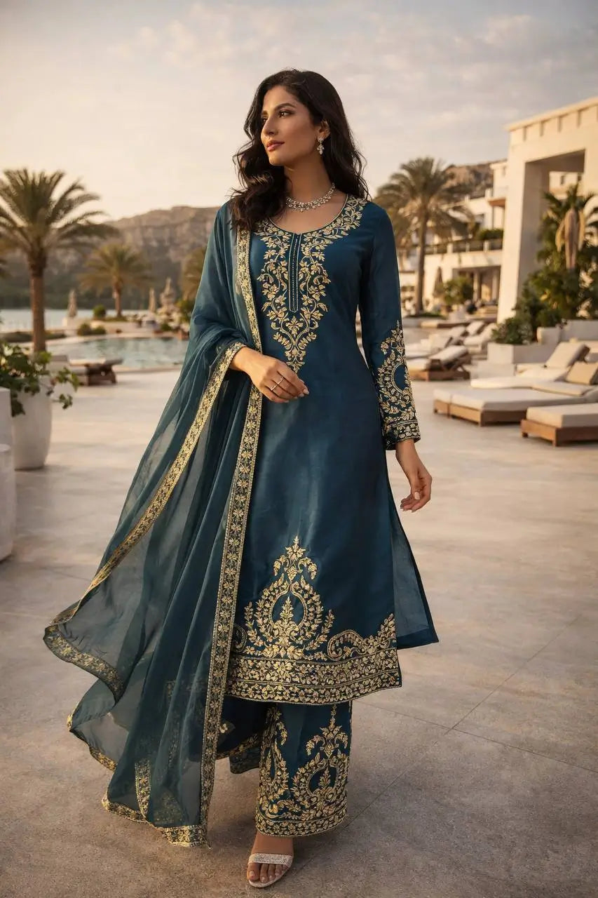 Teal JMC Silk Embroidered Palazzo Suit Set for Festive and Wedding Wear