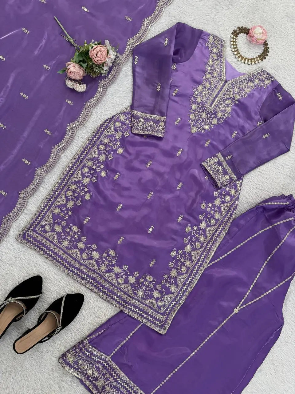 Teal JMC Silk Embroidered Palazzo Suit Set for Festive and Wedding Wear