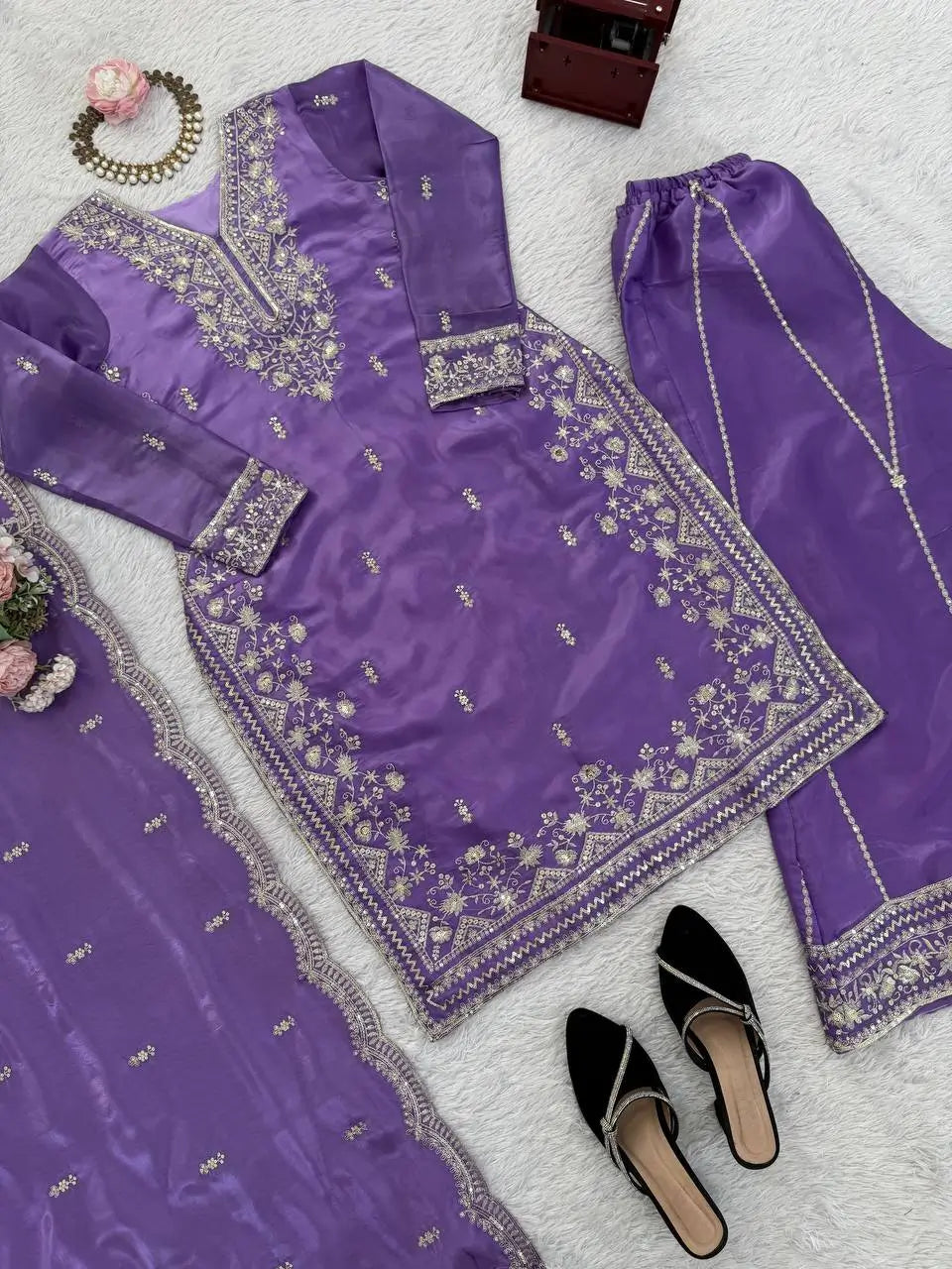 Teal JMC Silk Embroidered Palazzo Suit Set for Festive and Wedding Wear
