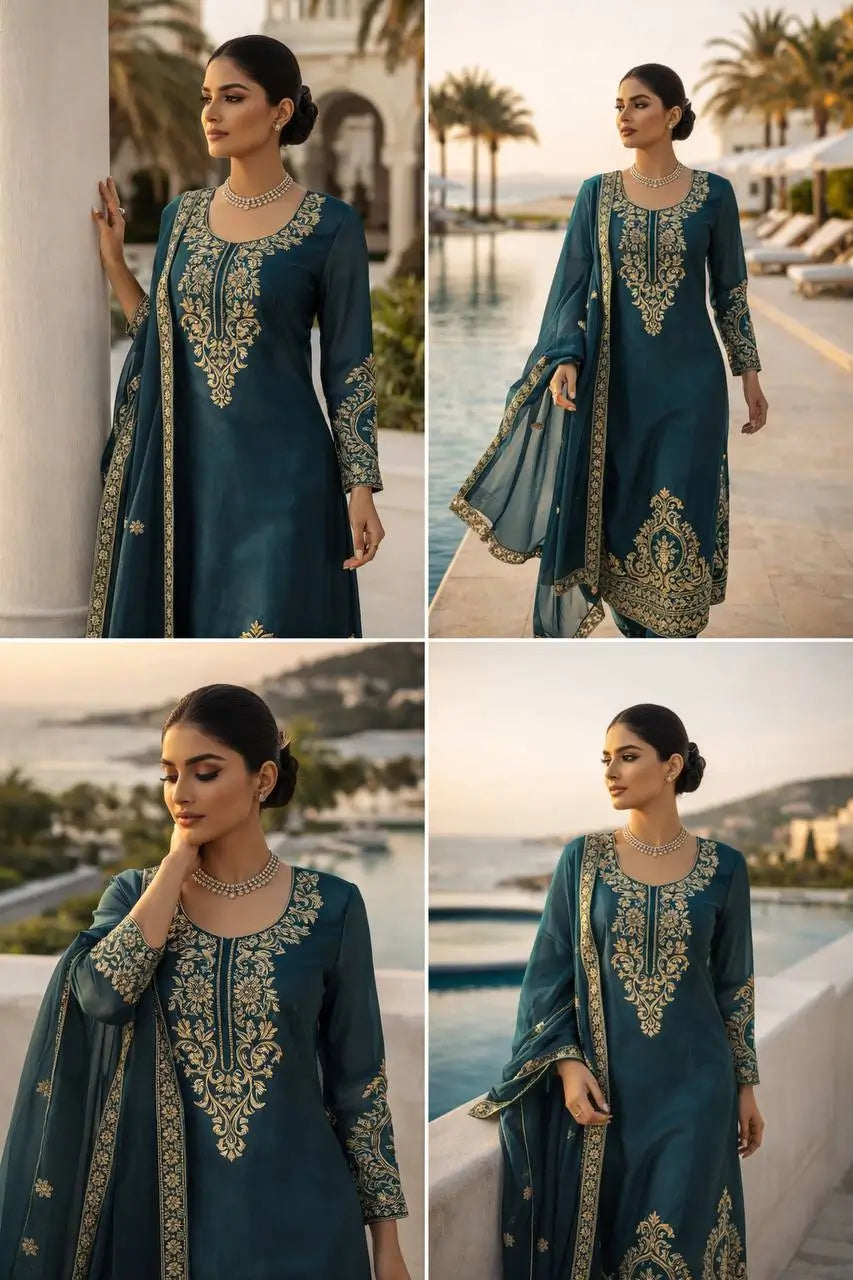 Teal JMC Silk Embroidered Palazzo Suit Set for Festive and Wedding Wear
