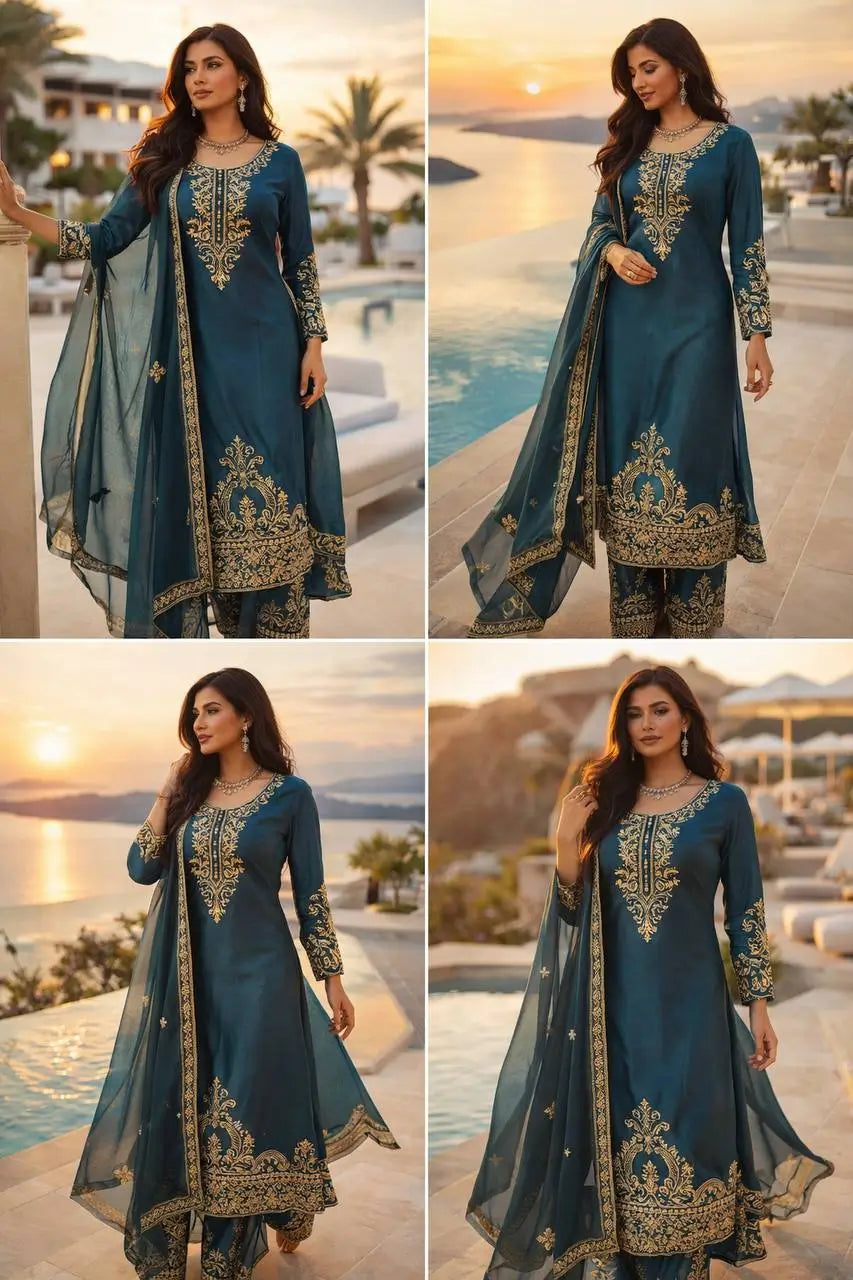 Teal JMC Silk Embroidered Palazzo Suit Set for Festive and Wedding Wear