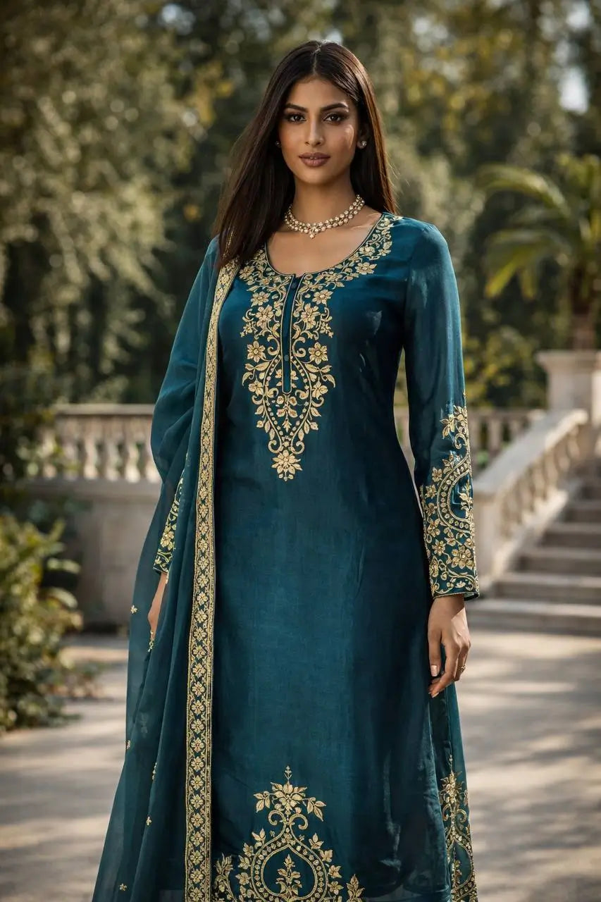 Teal JMC Silk Embroidered Palazzo Suit Set for Festive and Wedding Wear