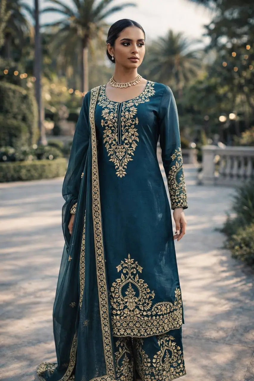 Teal JMC Silk Embroidered Palazzo Suit Set for Festive and Wedding Wear