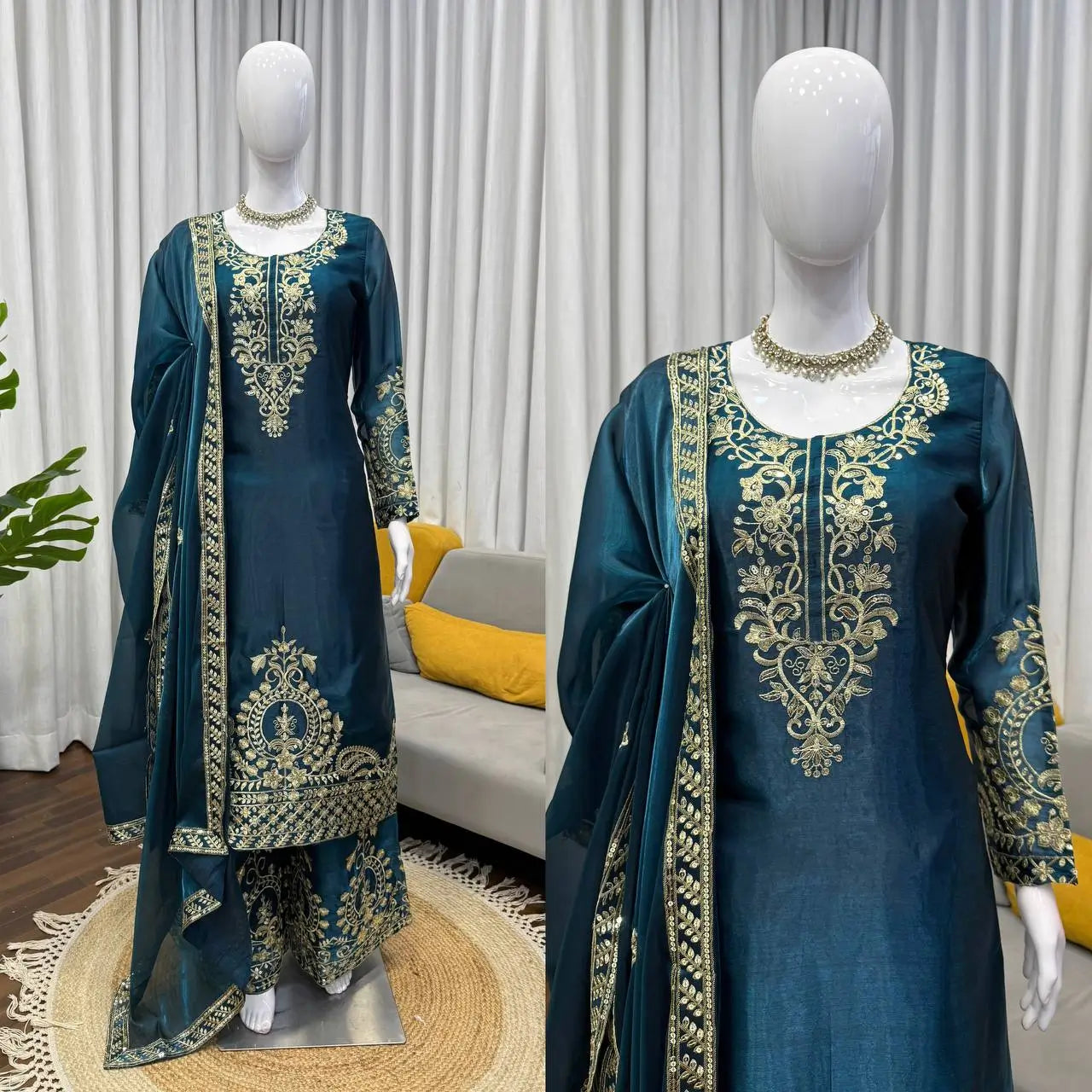Teal JMC Silk Embroidered Palazzo Suit Set for Festive and Wedding Wear