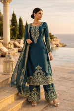 Teal JMC Silk Embroidered Palazzo Suit Set for Festive and Wedding Wear