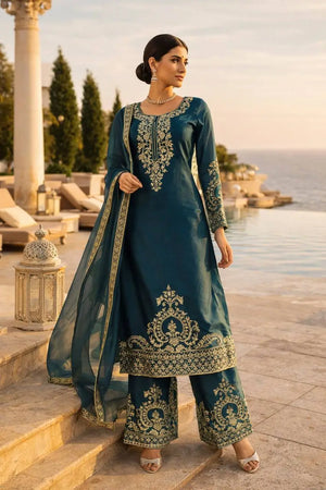 Teal JMC Silk Embroidered Palazzo Suit Set for Festive and Wedding Wear