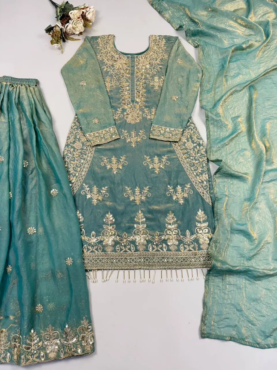 Teal Kiran Embroidered Sharara