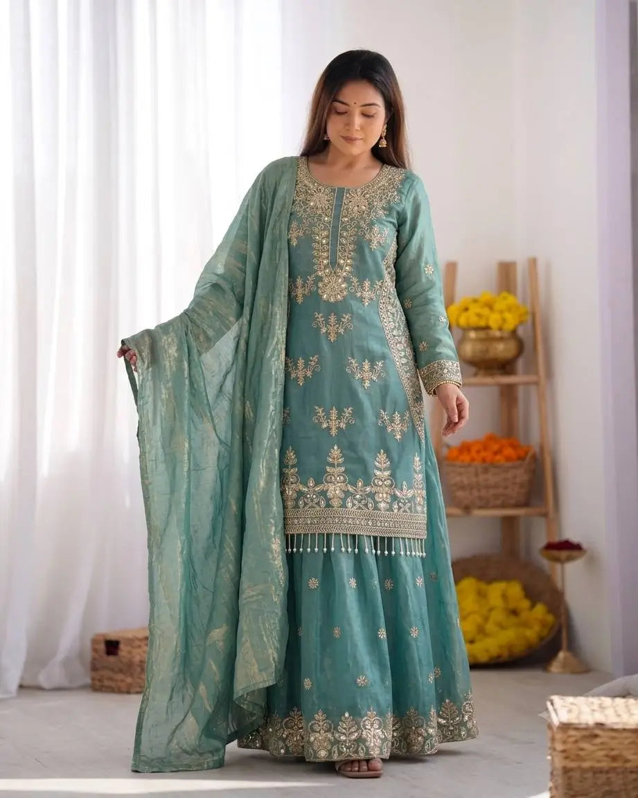 Teal Kiran Embroidered Sharara