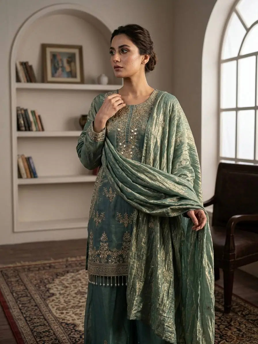 Teal Kiran Embroidered Sharara
