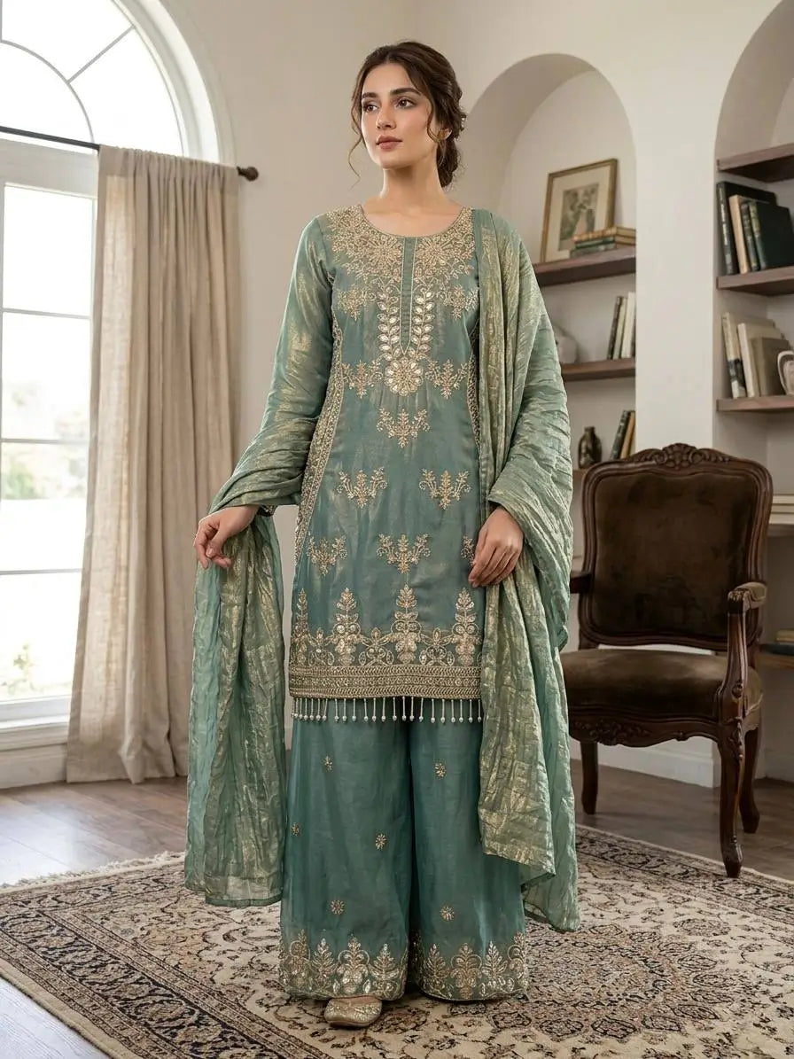 Teal Kiran Embroidered Sharara
