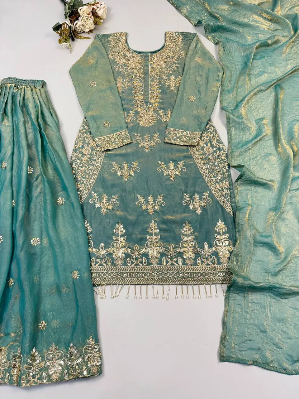 Teal Kiran Embroidered Sharara